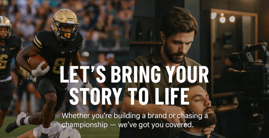 Split image showing a football player running with the ball on the left and a barber trimming a client’s beard on the right, with the text “Let’s Bring Your Story to Life.